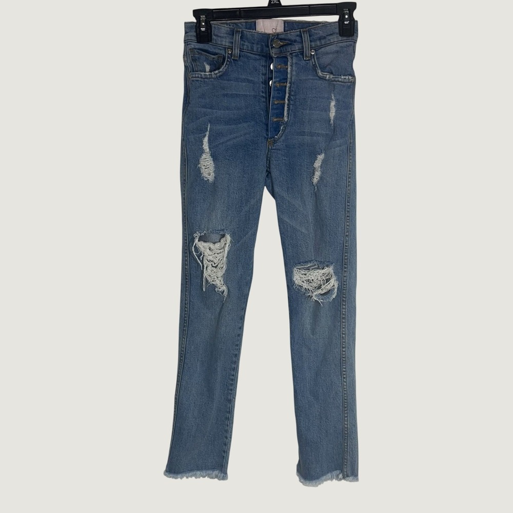 REVICE Jeans 26 Distressed High Rise Button Fly Raw Hem Straight Leg Denim